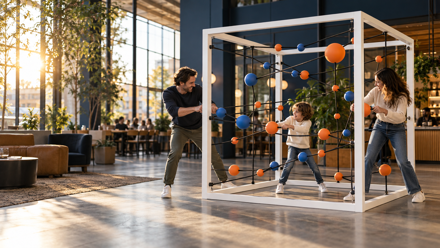 Concept visualization of adults and a child interacting inside a white MOVE Cube in a shared indoor space